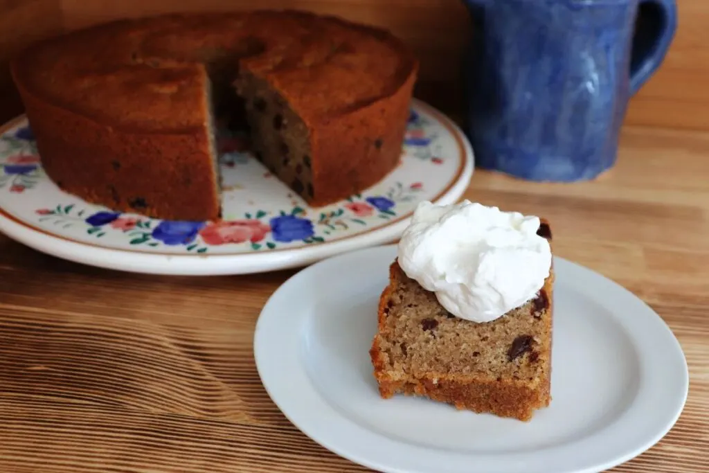 A slice of raisin spice cake topped with whipped cream sits on a plate. The remaining cake and a blue mug sit in the background. 